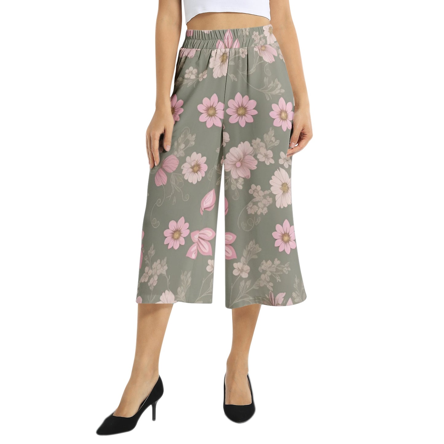 Elastic Waist Capris Wide Leg Pant