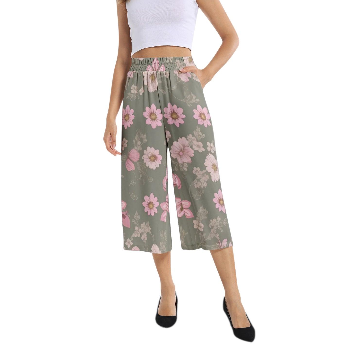 Elastic Waist Capris Wide Leg Pant