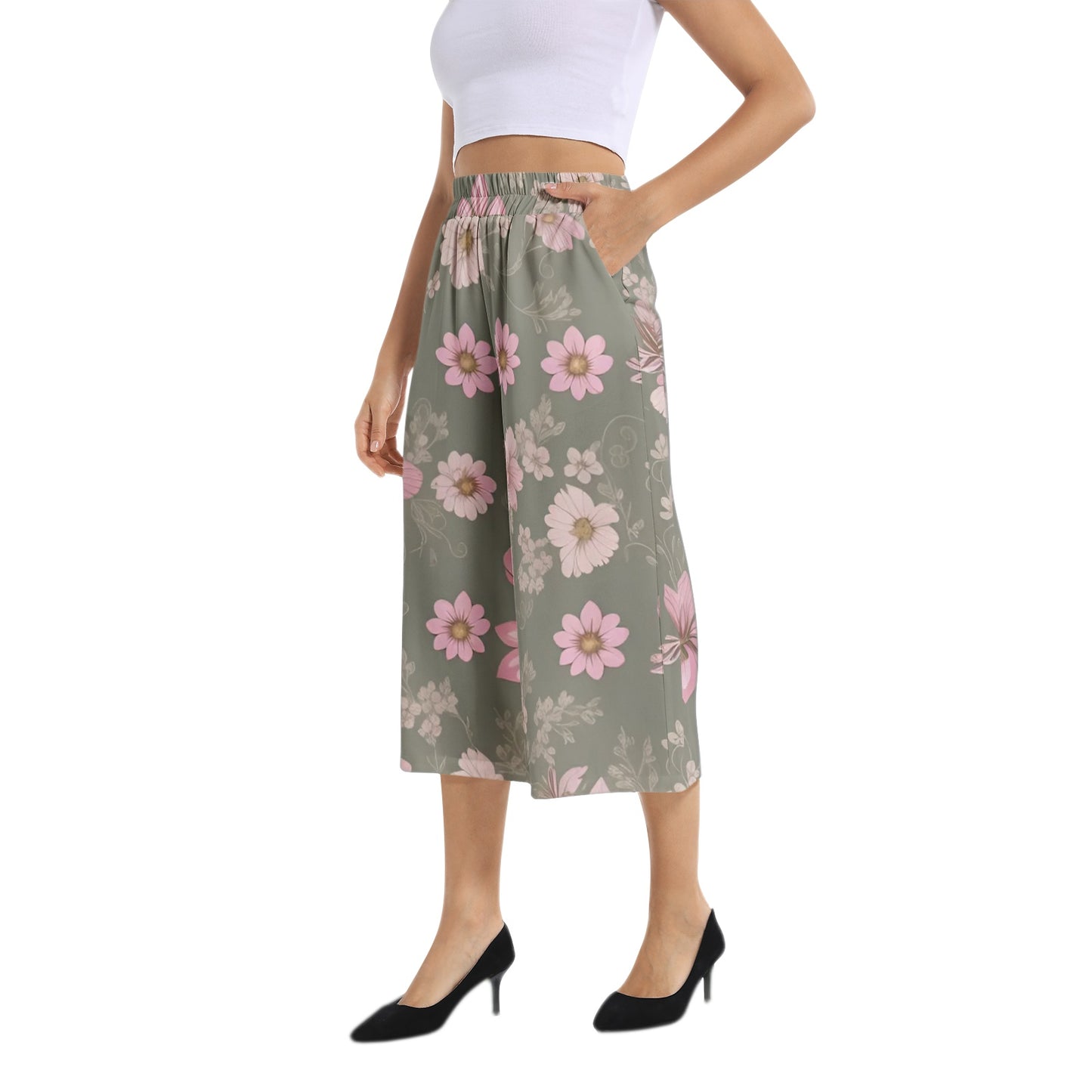 Elastic Waist Capris Wide Leg Pant