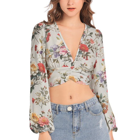 Women's Deep V-Neck Lantern Sleeve Crop Top