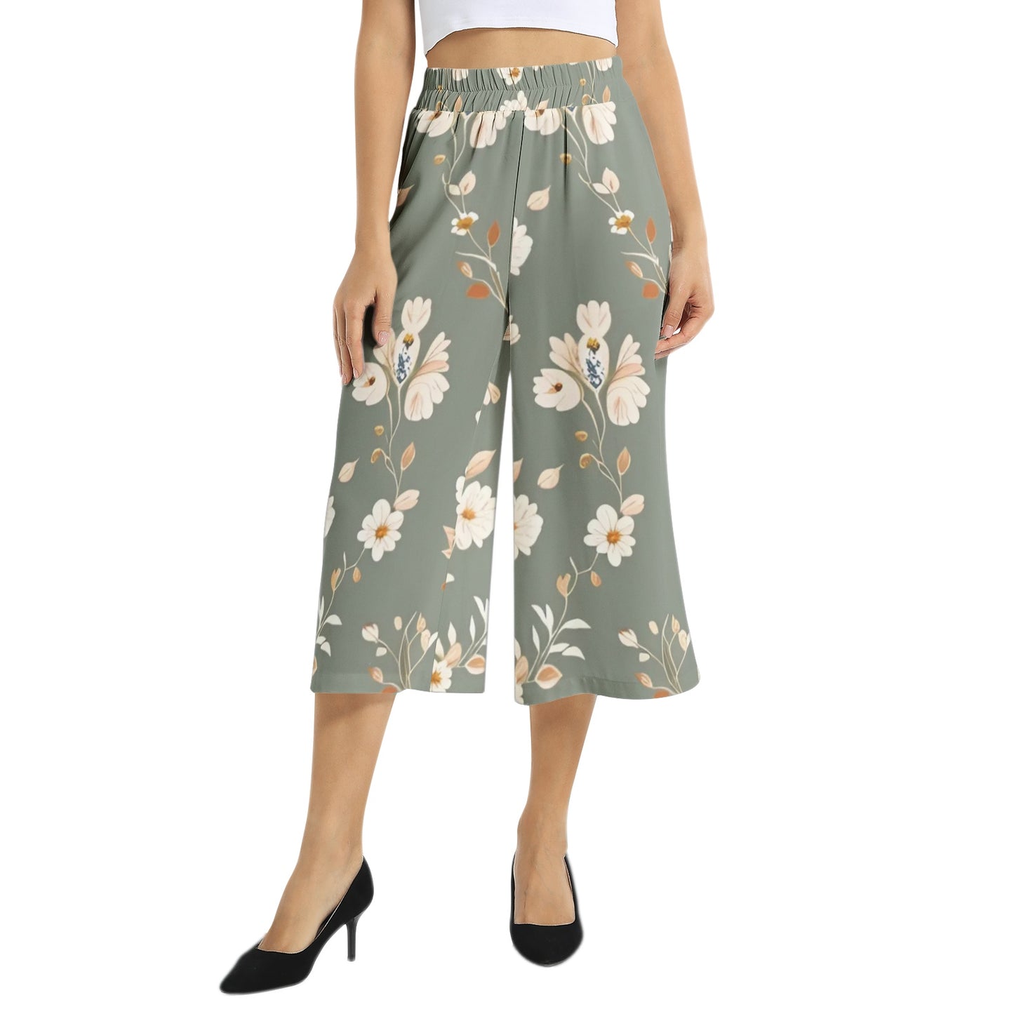 Elastic Waist Capris Wide Leg Pant