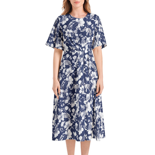 Short Sleeve Waist Folding Midi Dress