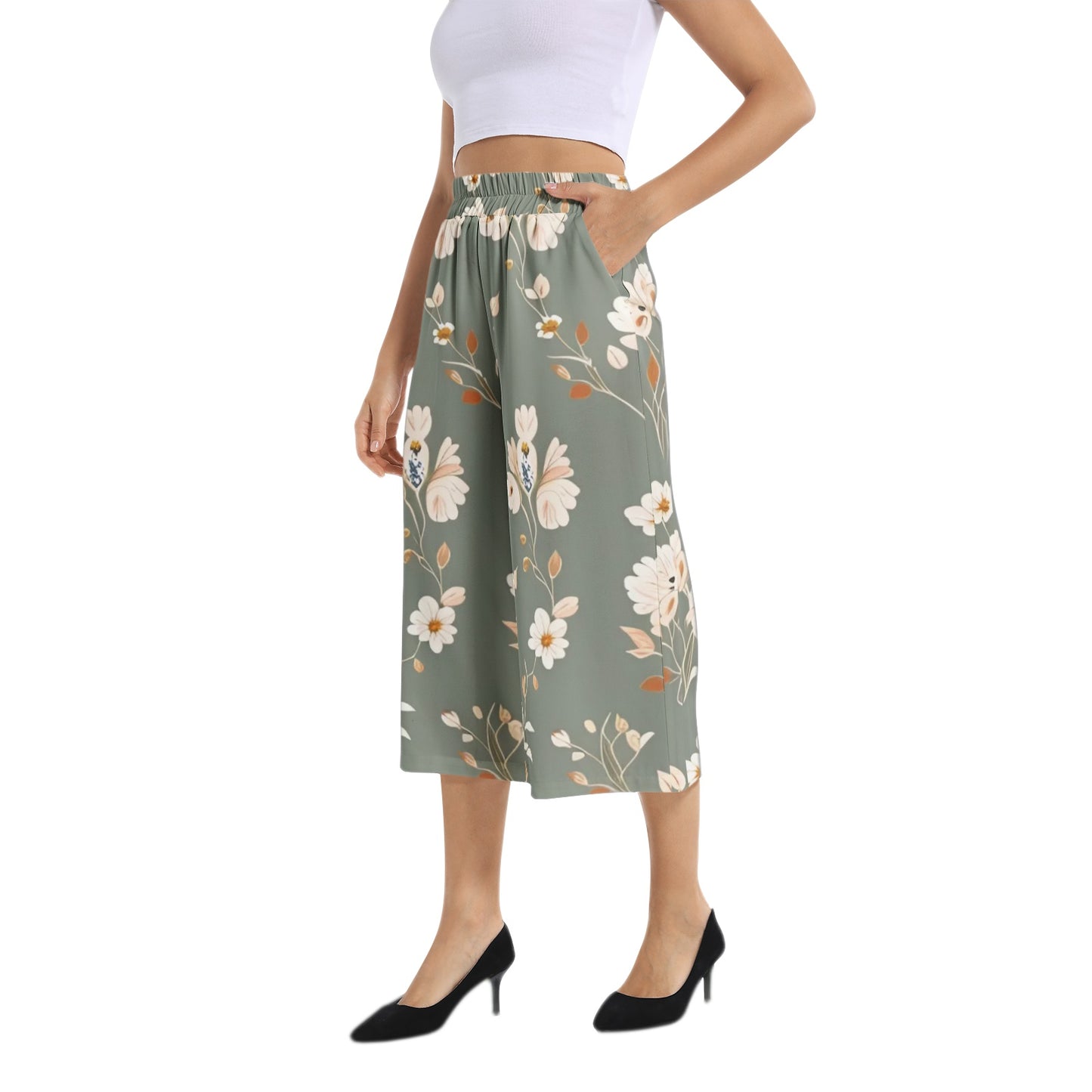 Elastic Waist Capris Wide Leg Pant