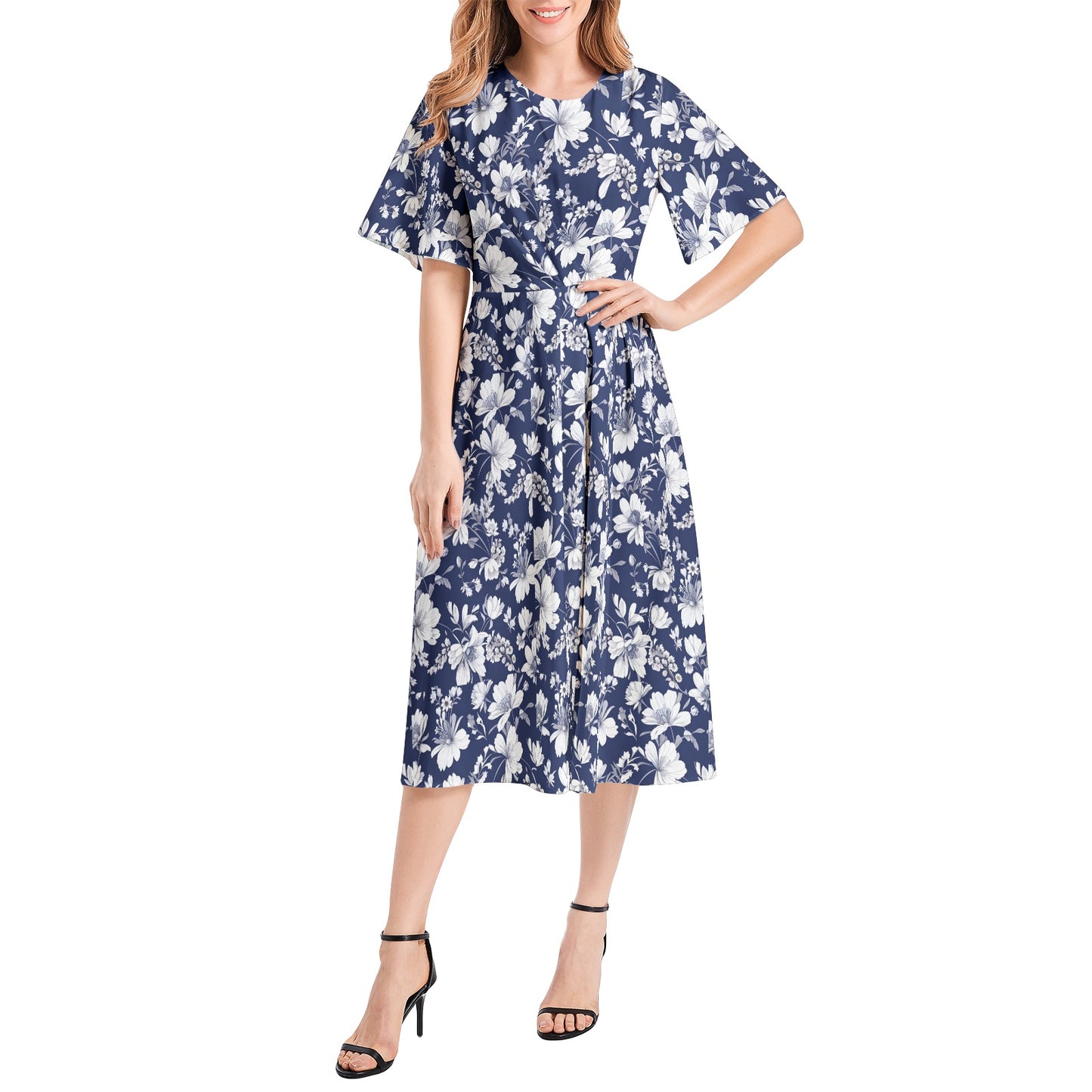 Short Sleeve Waist Folding Midi Dress