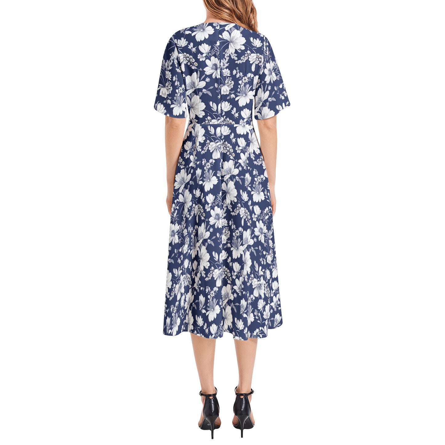 Short Sleeve Waist Folding Midi Dress