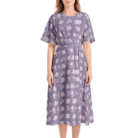 Short Sleeve Waist Folding Midi Dress