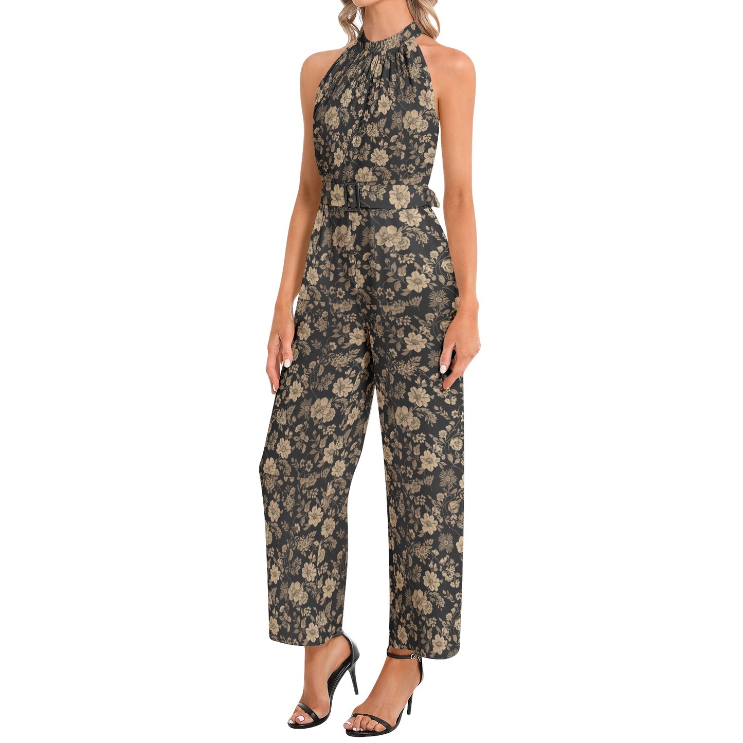 Halter Neck Buckle Belted Jumpsuit