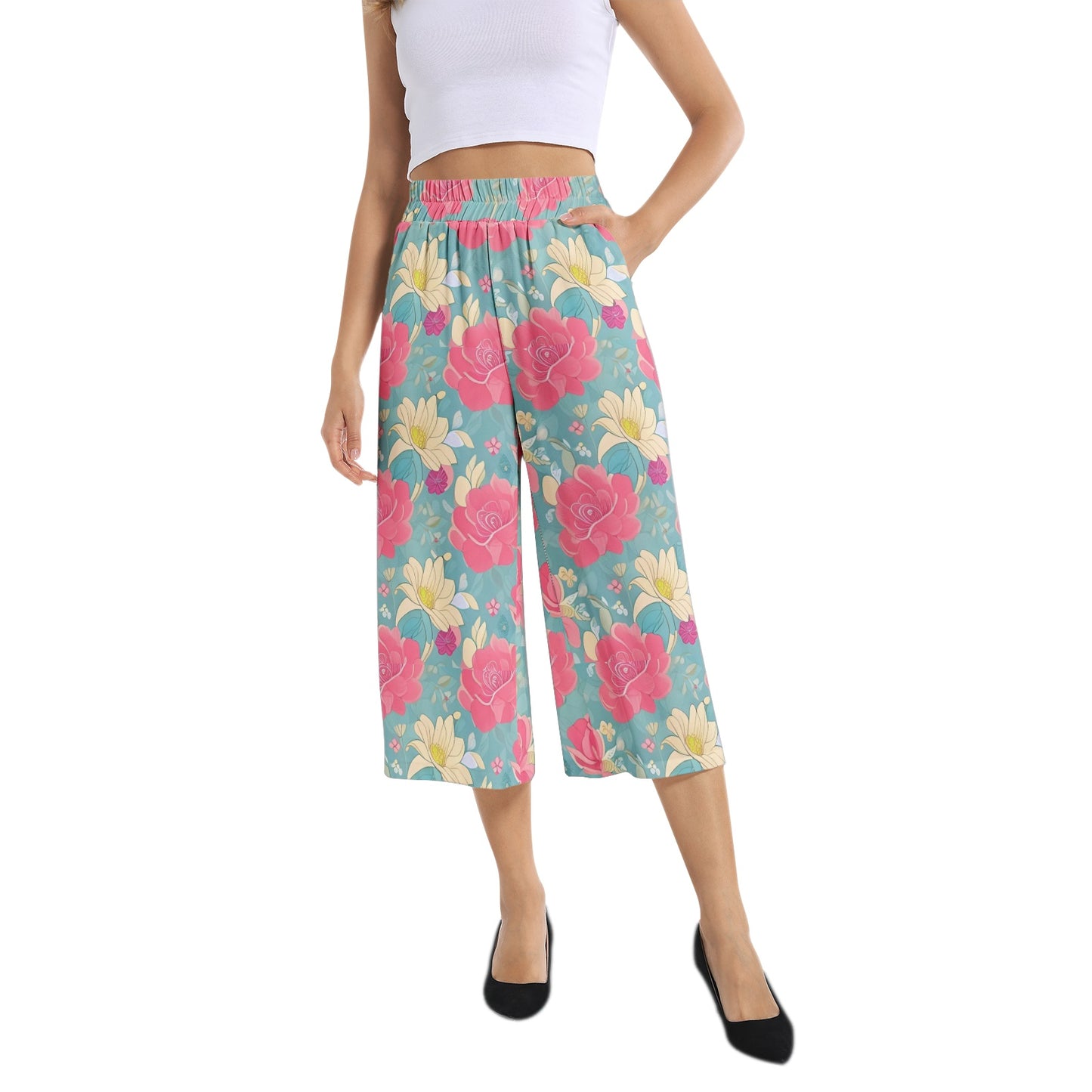 Elastic Waist Capris Wide Leg Pant