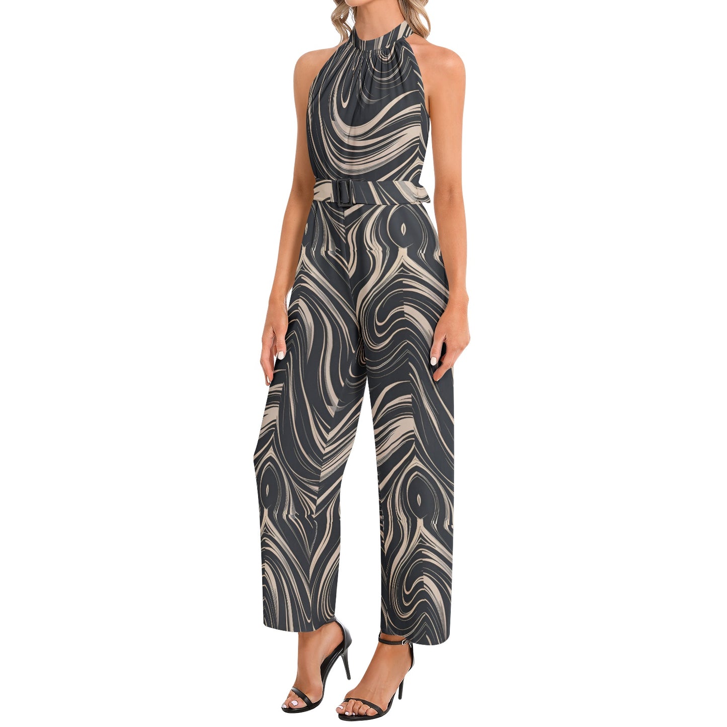 Halter Neck Buckle Belted Jumpsuit