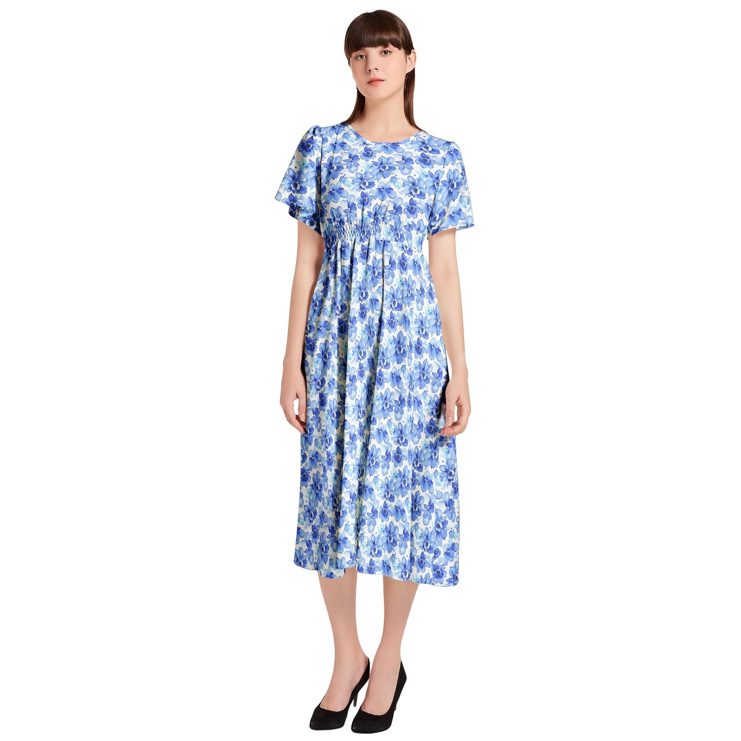 Short Sleeve Shirred Waist Midi Dress