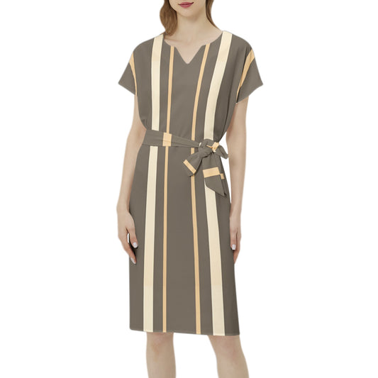 Betwing Seleeve Notch Neck Casual Dress with Belt