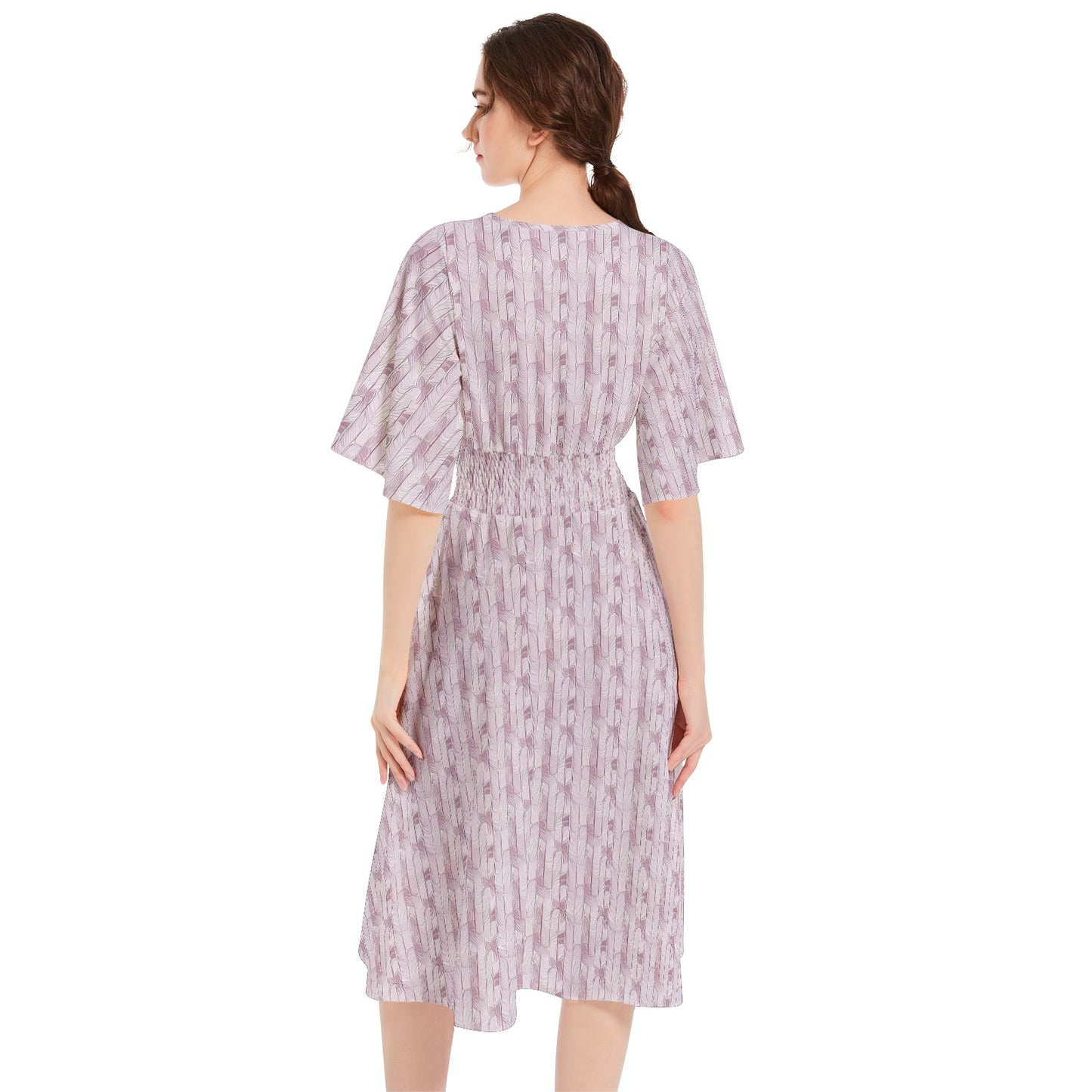 Butterfly Sleeve Shirred High Waist A Line Midi Dress