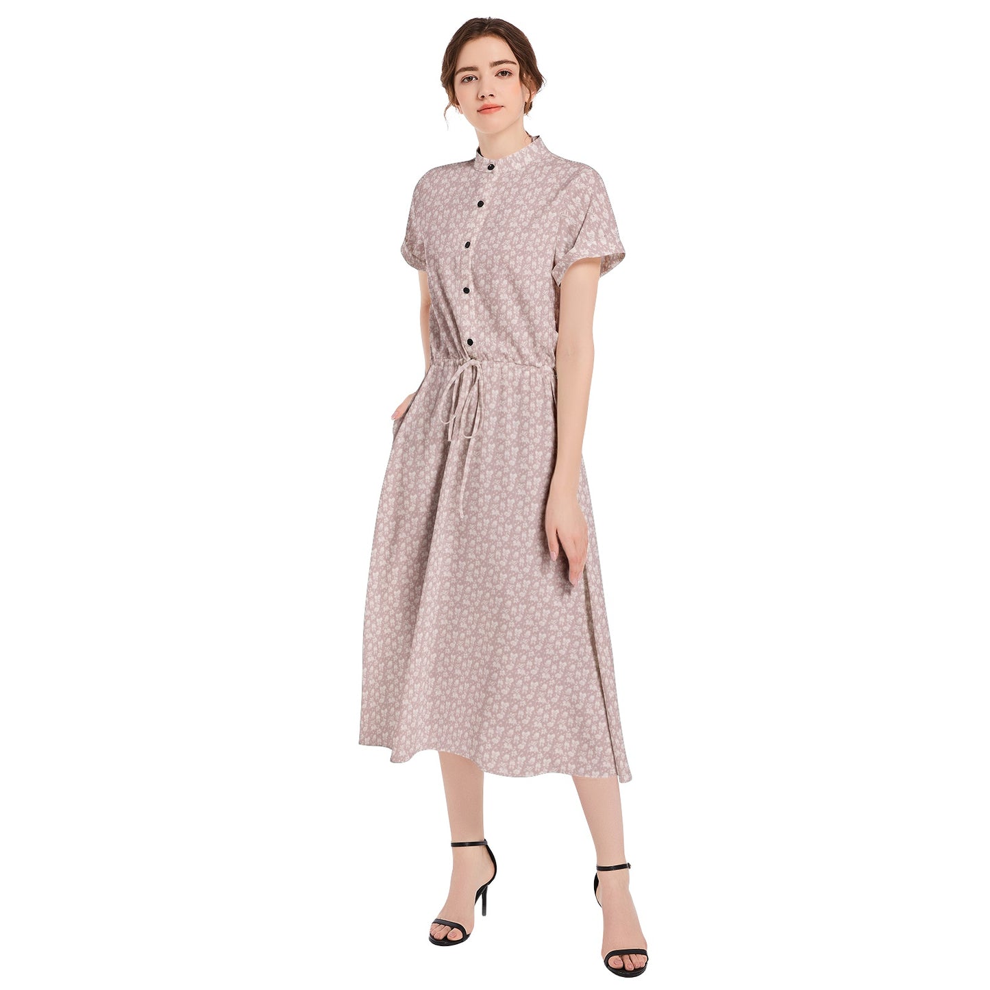 Drawstring Waist A-line Flared Midi Dress