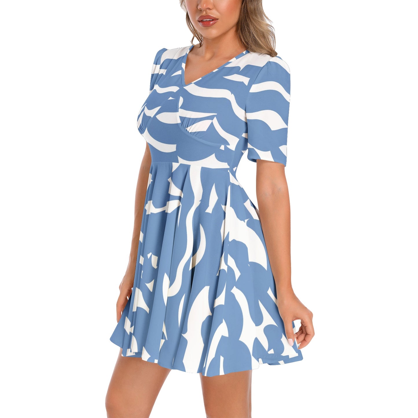 Short Sleeve Ruched Bust Flared Hem Dress