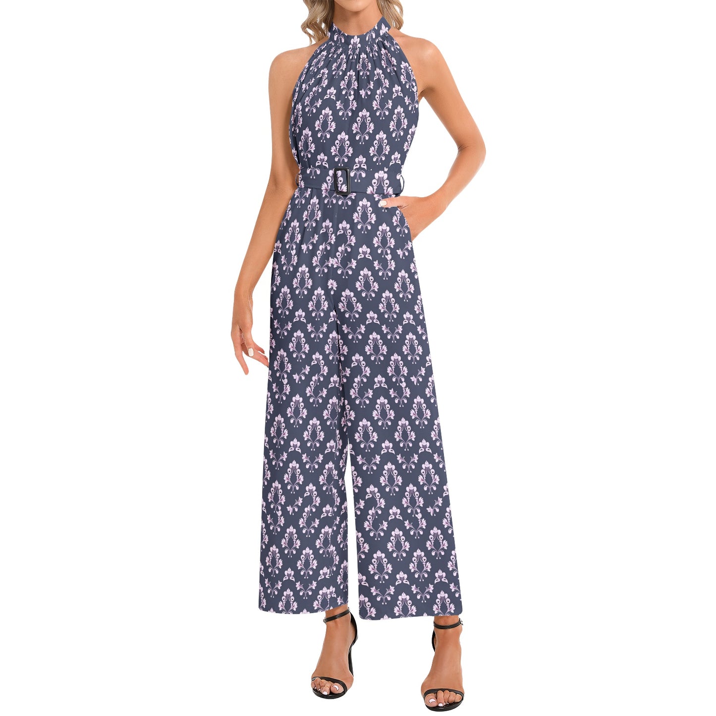 Halter Neck Buckle Belted Jumpsuit