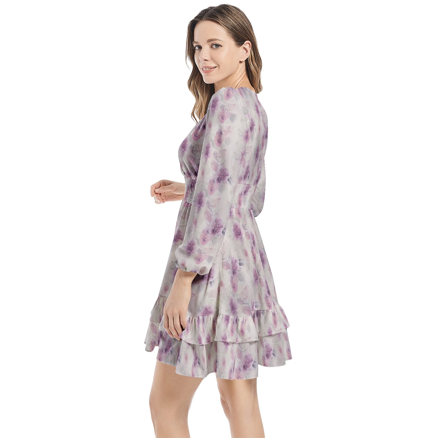 Long Sleeve Tiered Ruffle Hem Elastic Waist Mini Dress