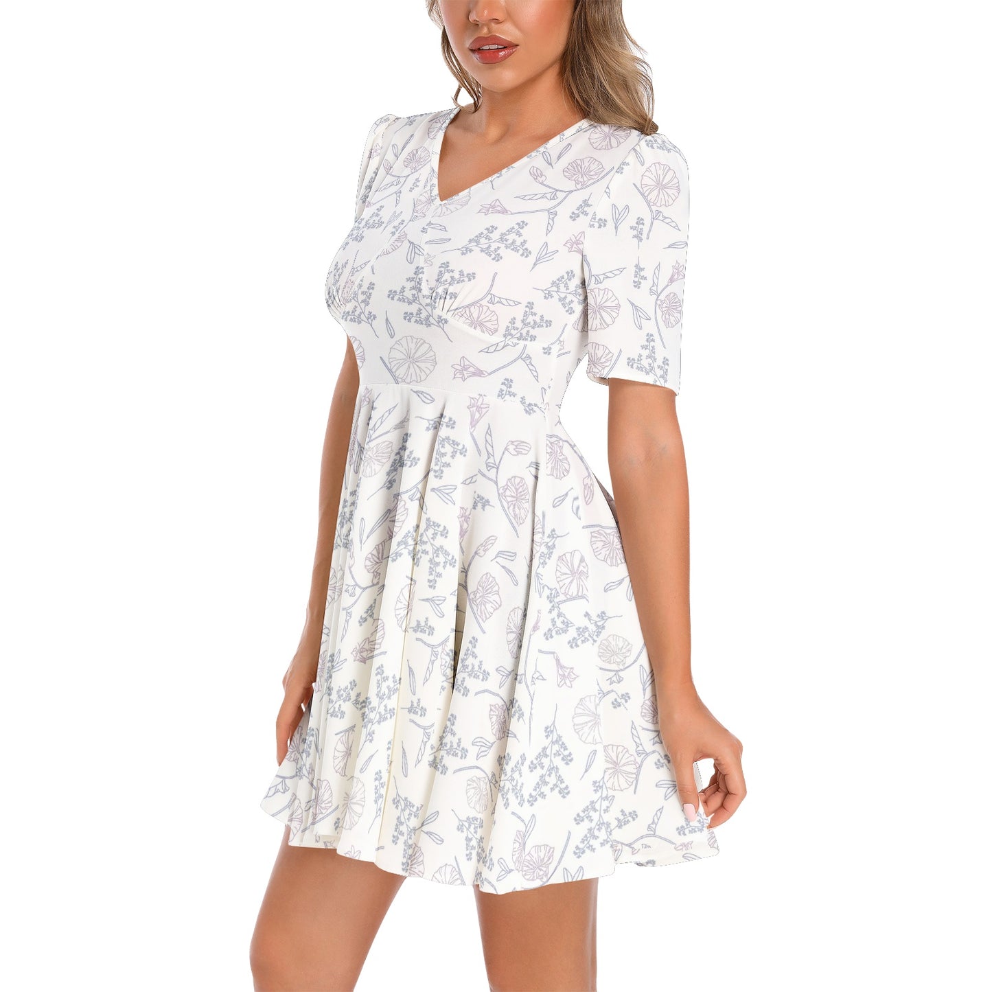 Short Sleeve Ruched Bust Flared Hem Dress