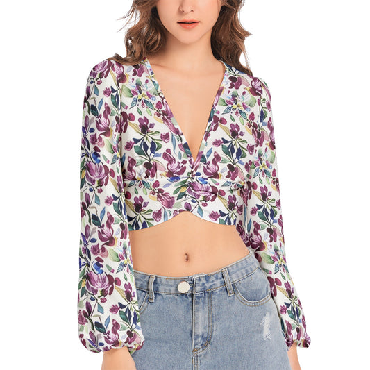 Women's Deep V-Neck Lantern Sleeve Crop Top