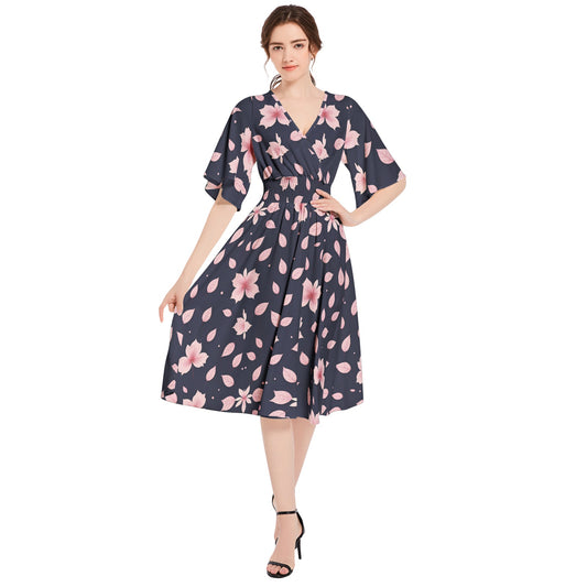 Butterfly Sleeve Shirred High Waist A Line Midi Dress