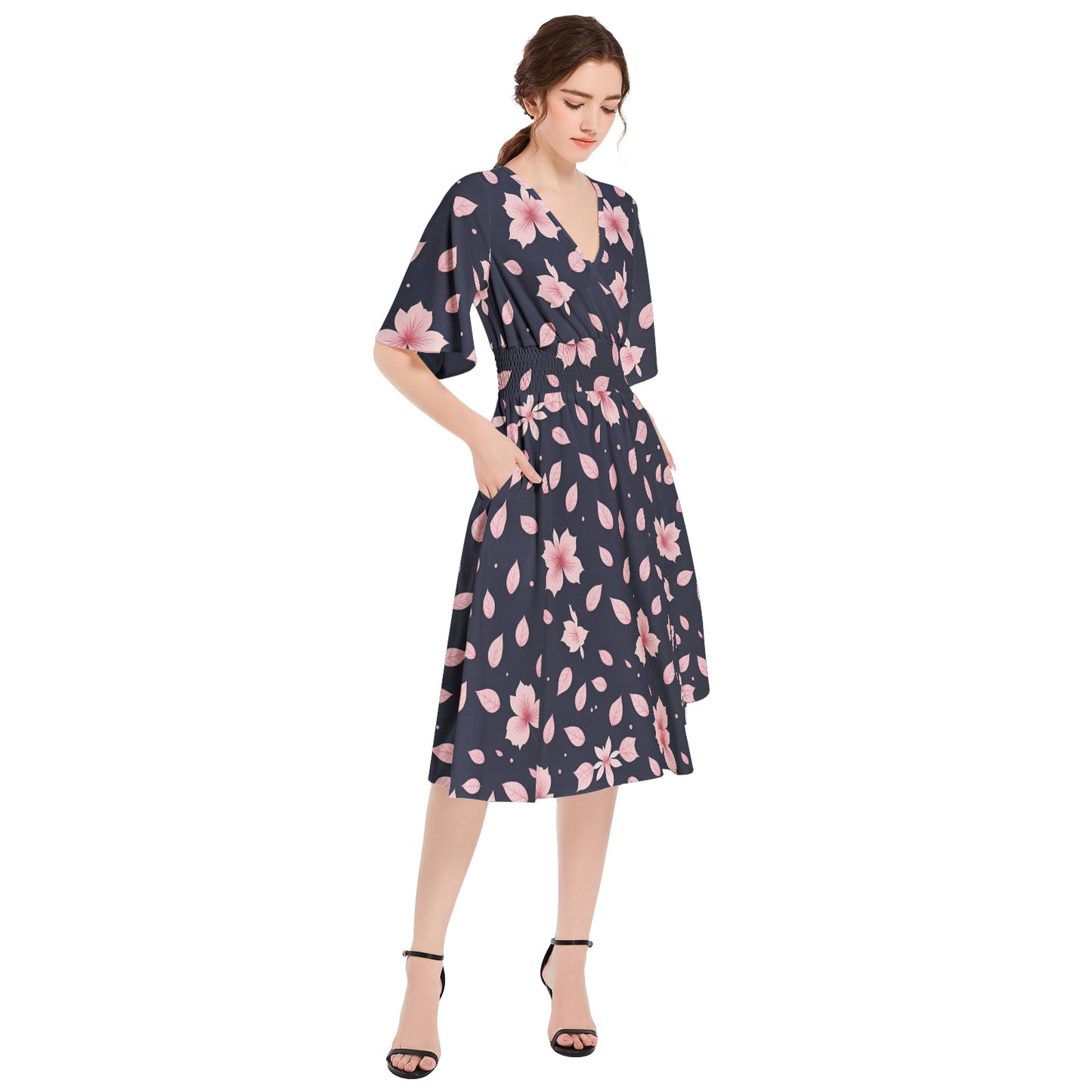 Butterfly Sleeve Shirred High Waist A Line Midi Dress