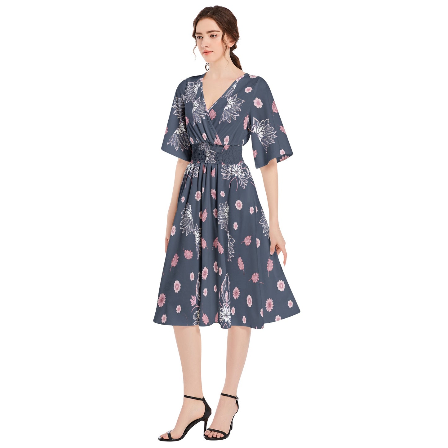 Butterfly Sleeve Shirred High Waist A Line Midi Dress