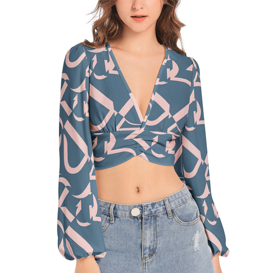 Women's Deep V-Neck Lantern Sleeve Crop Top