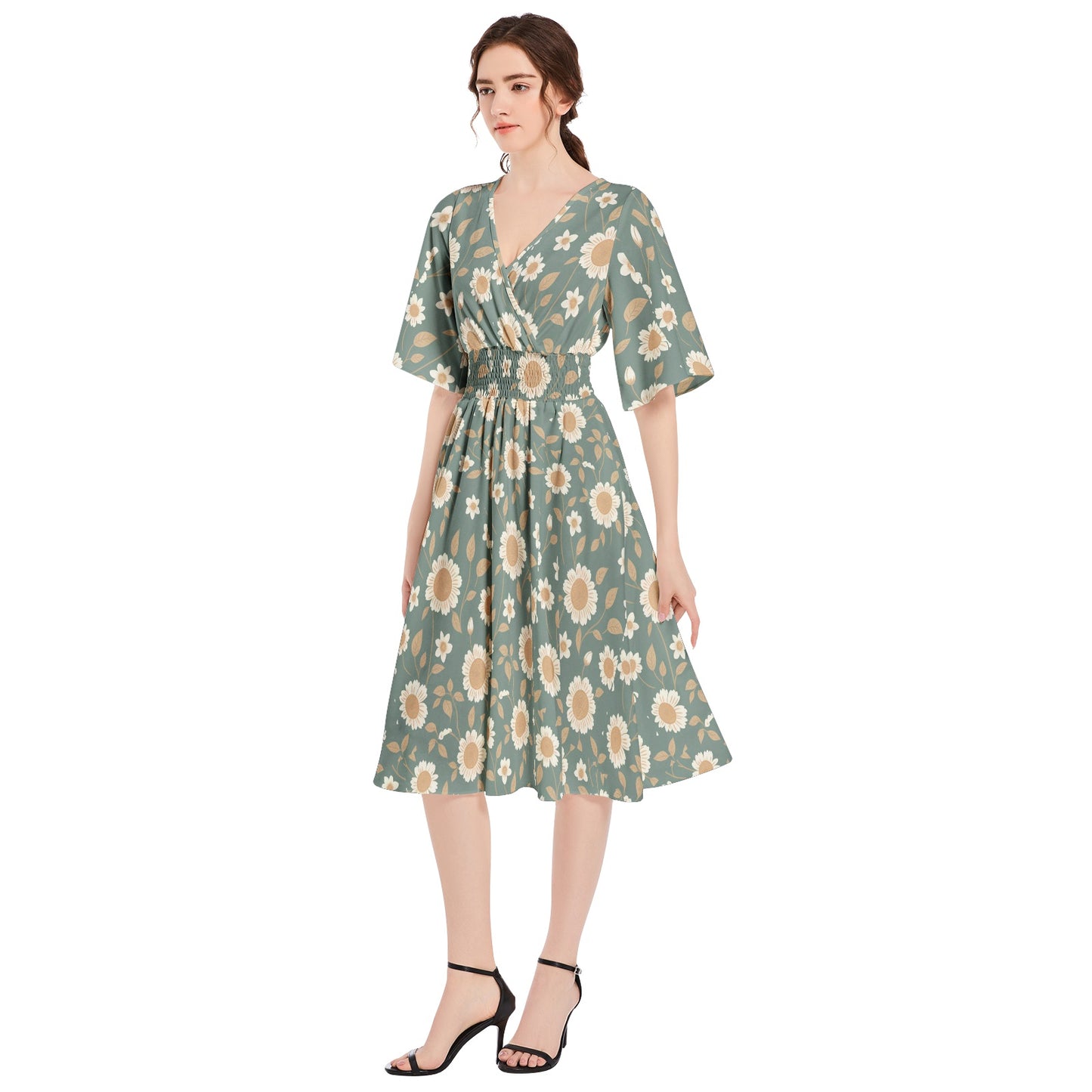 Butterfly Sleeve Shirred High Waist A Line Midi Dress