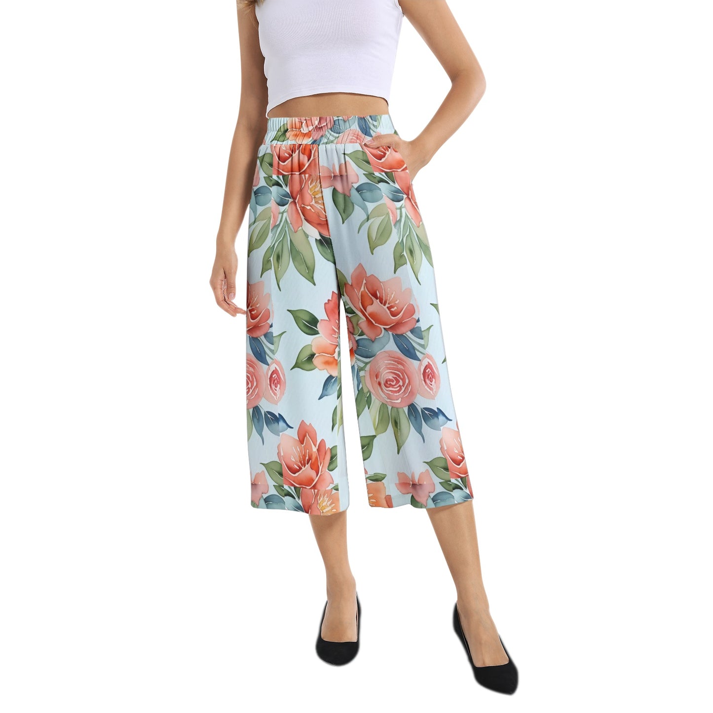 Elastic Waist Capris Wide Leg Pant