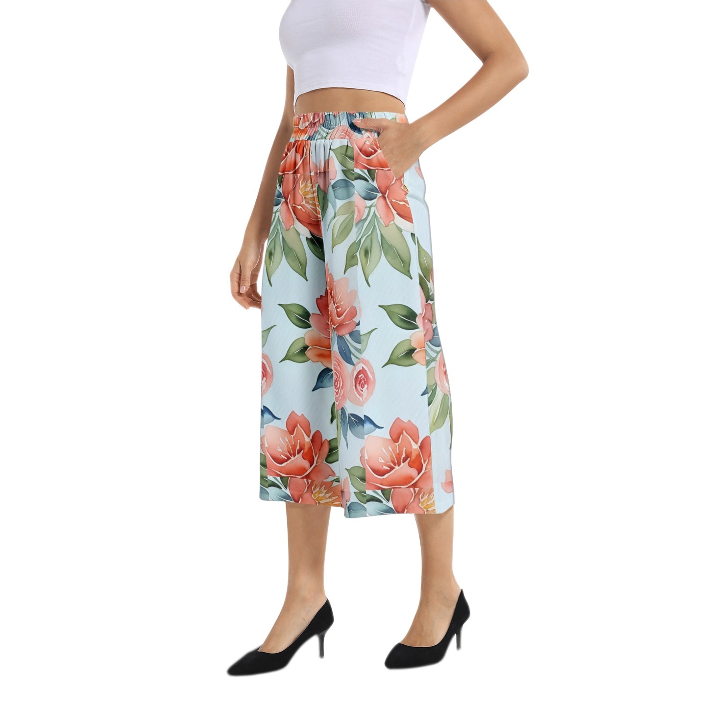 Elastic Waist Capris Wide Leg Pant