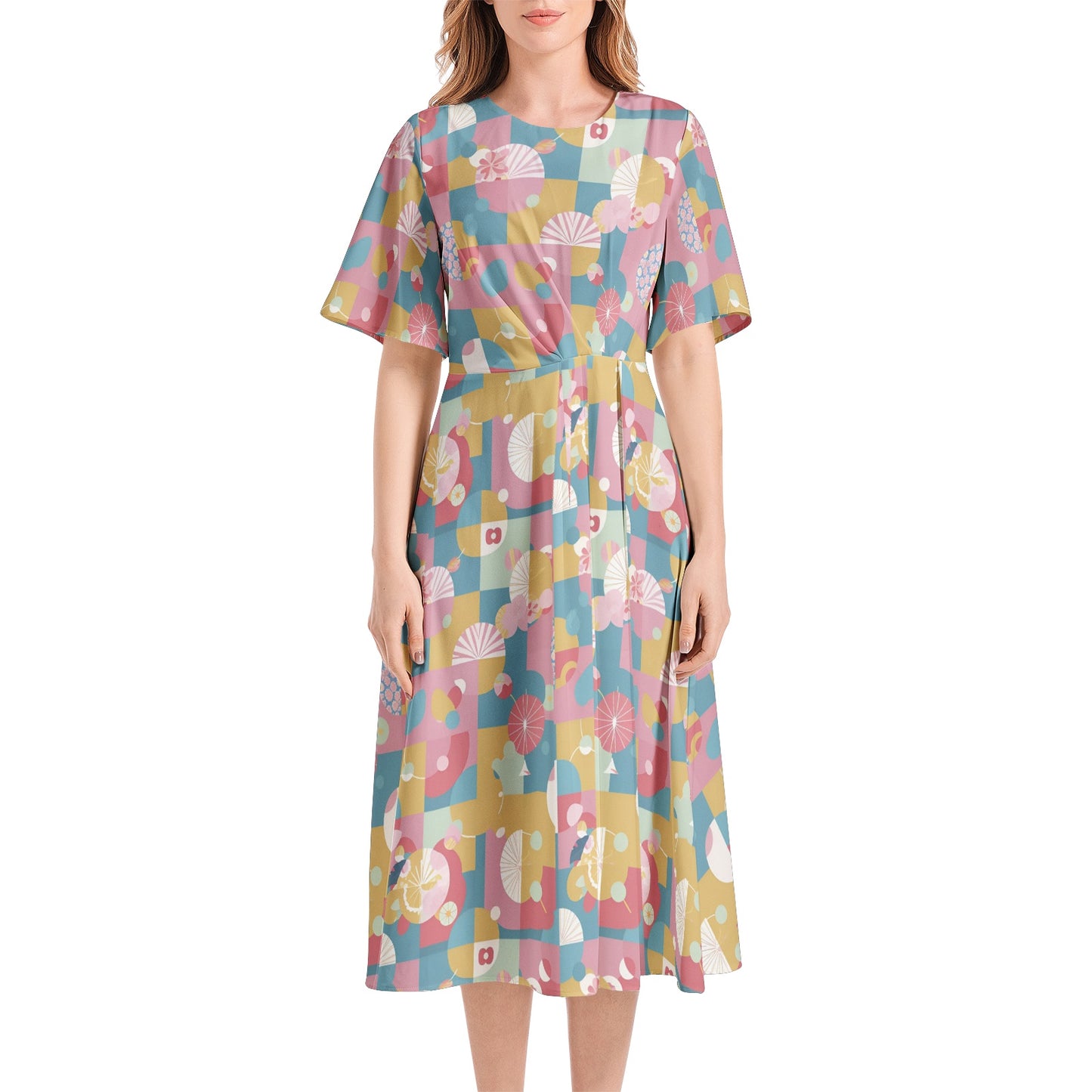 Short Sleeve Waist Folding Midi Dress