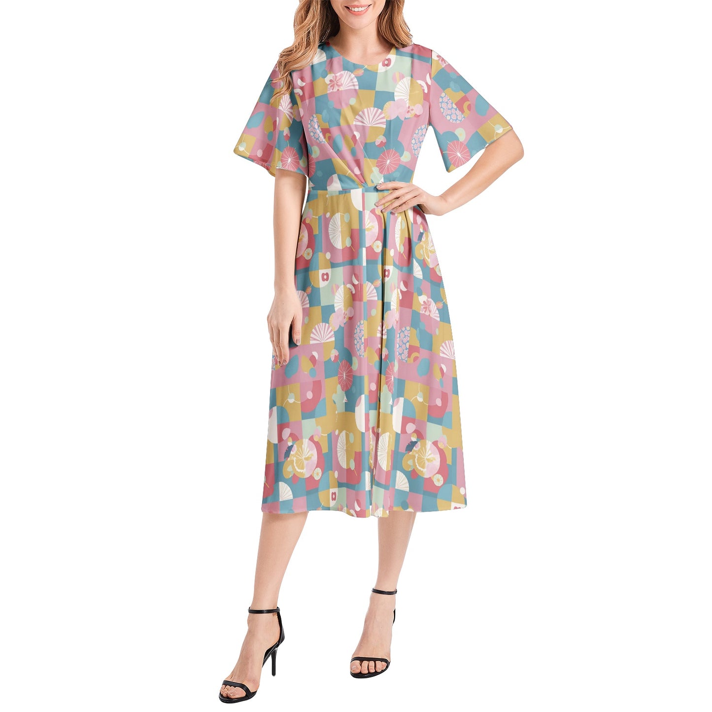 Short Sleeve Waist Folding Midi Dress