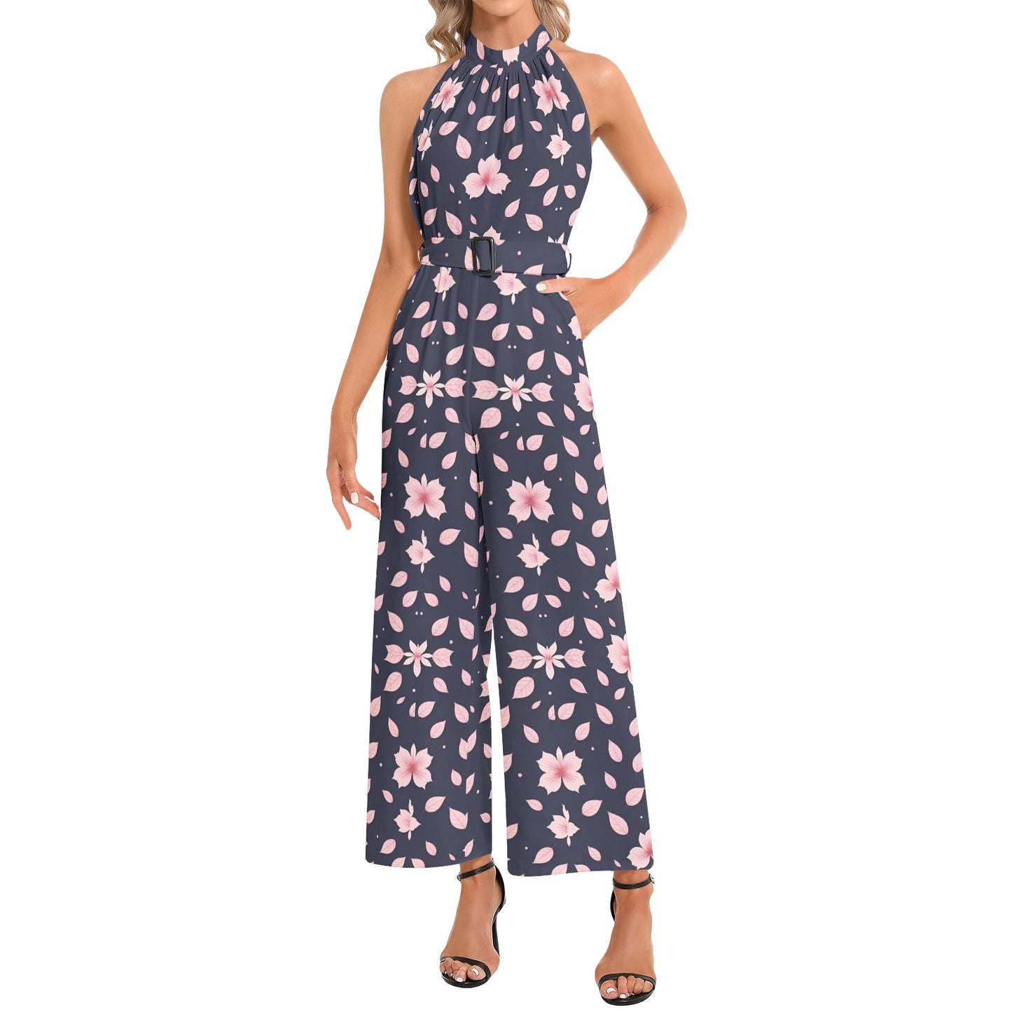 Halter Neck Buckle Belted Jumpsuit