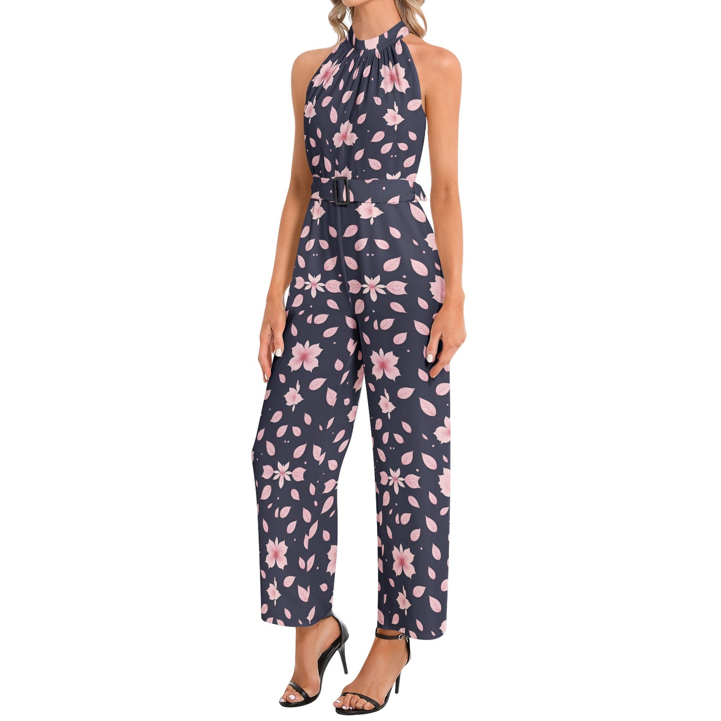 Halter Neck Buckle Belted Jumpsuit