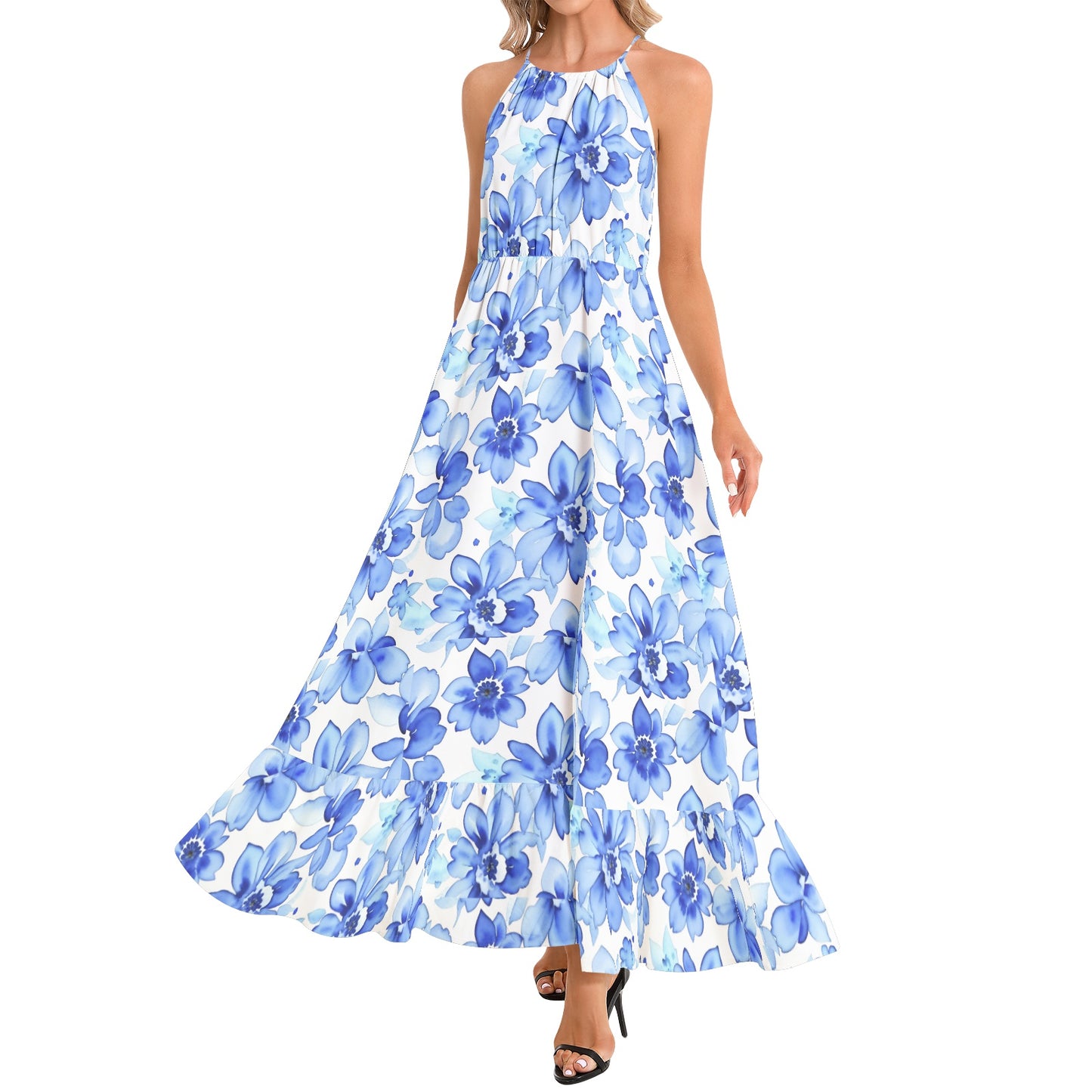 Ruffle Hem Halter Neck Maxi Dress