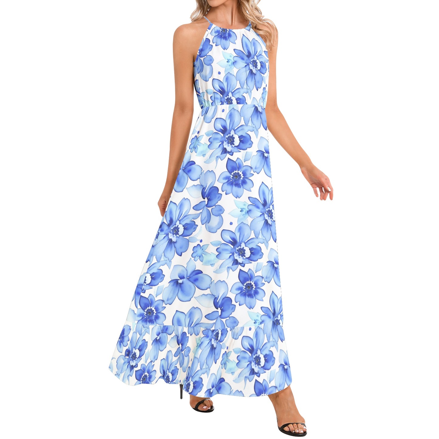 Ruffle Hem Halter Neck Maxi Dress