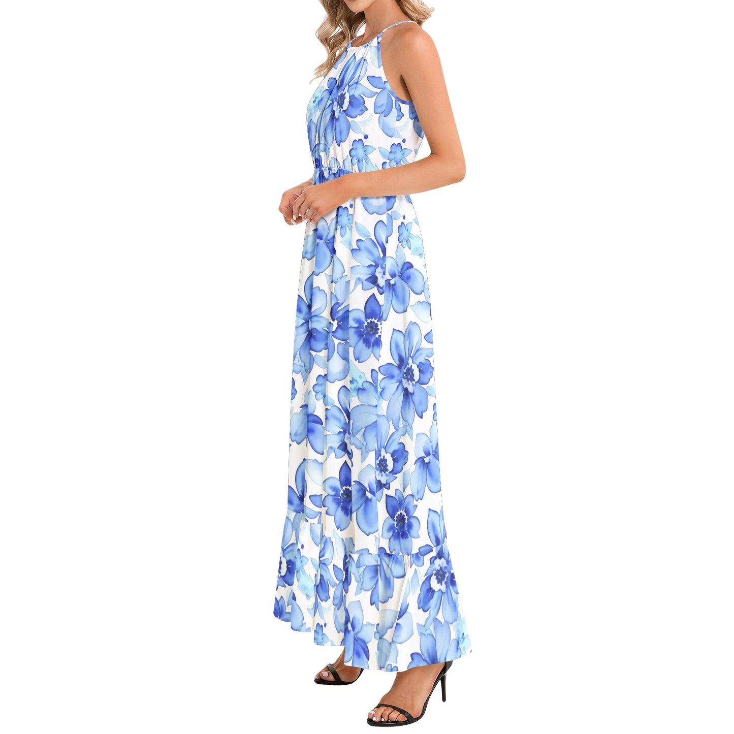 Ruffle Hem Halter Neck Maxi Dress