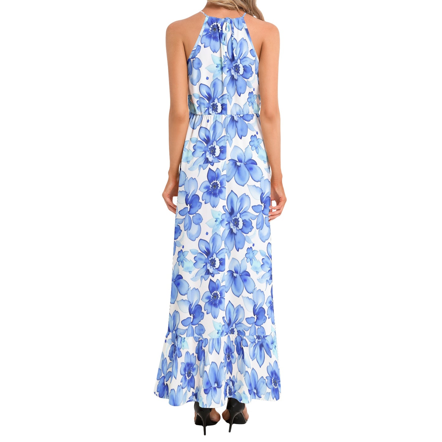 Ruffle Hem Halter Neck Maxi Dress