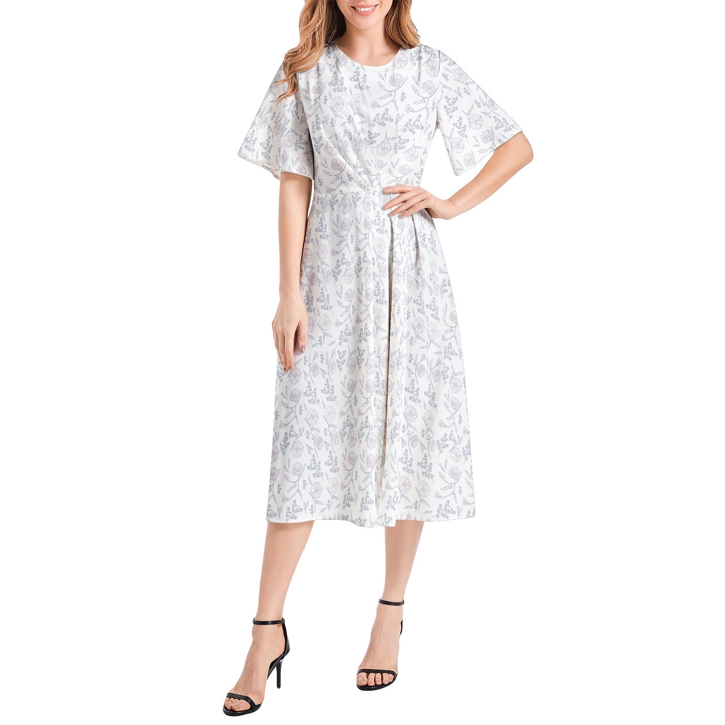 Short Sleeve Waist Folding Midi Dress