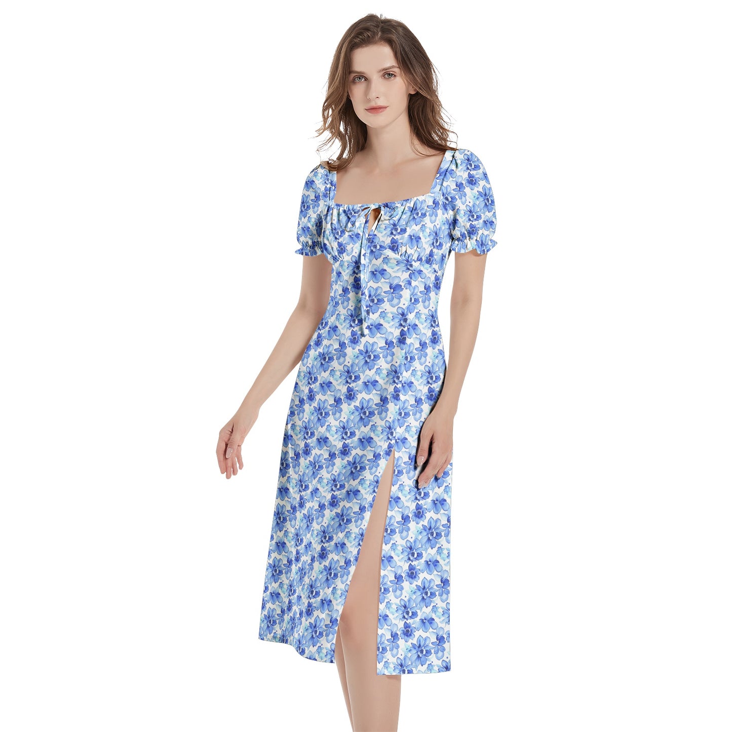 Puff Sleeve Split Thigh Midi Dress