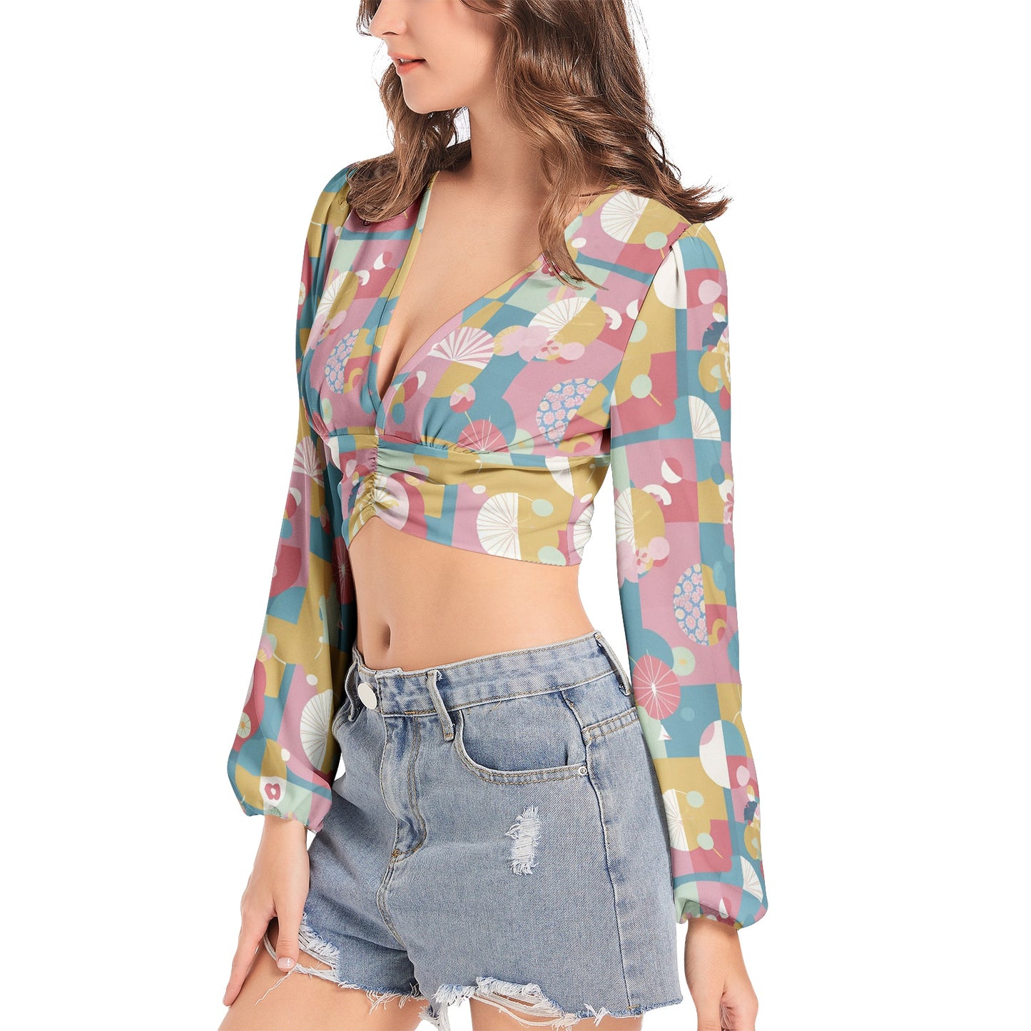 Women's Deep V-Neck Lantern Sleeve Crop Top