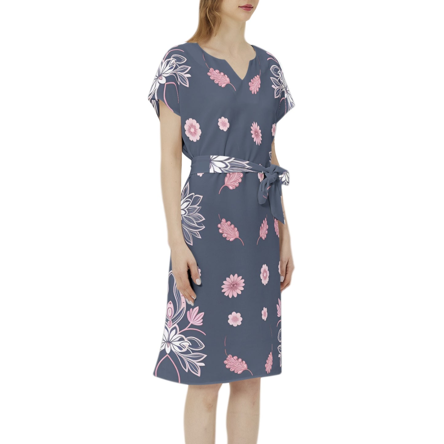 Betwing Seleeve Notch Neck Casual Dress with Belt