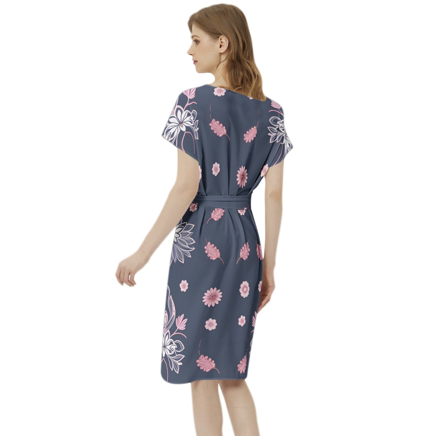 Betwing Seleeve Notch Neck Casual Dress with Belt