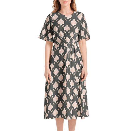 Short Sleeve Waist Folding Midi Dress