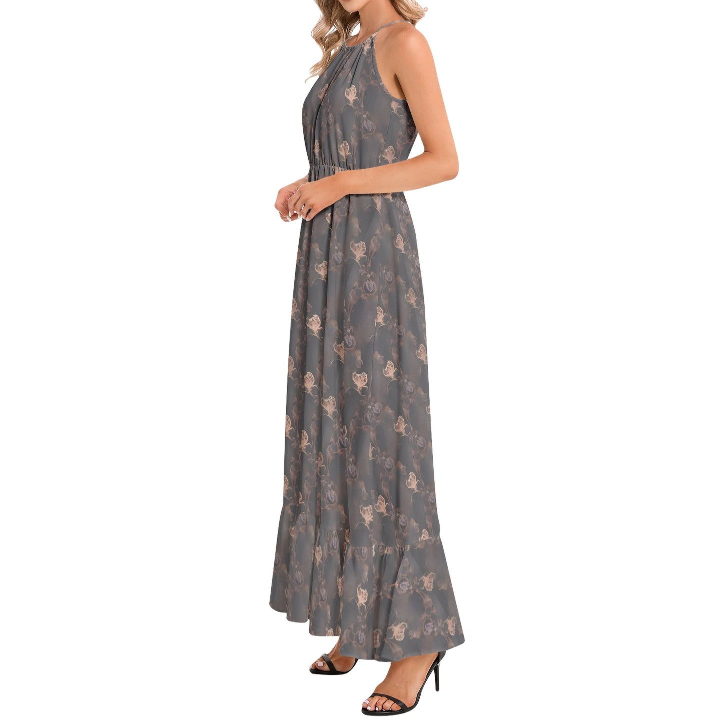 Ruffle Hem Halter Neck Maxi Dress