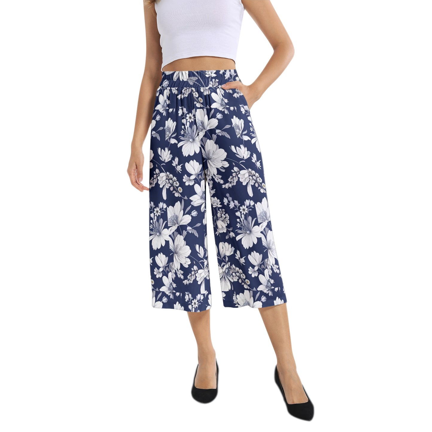 Elastic Waist Capris Wide Leg Pant