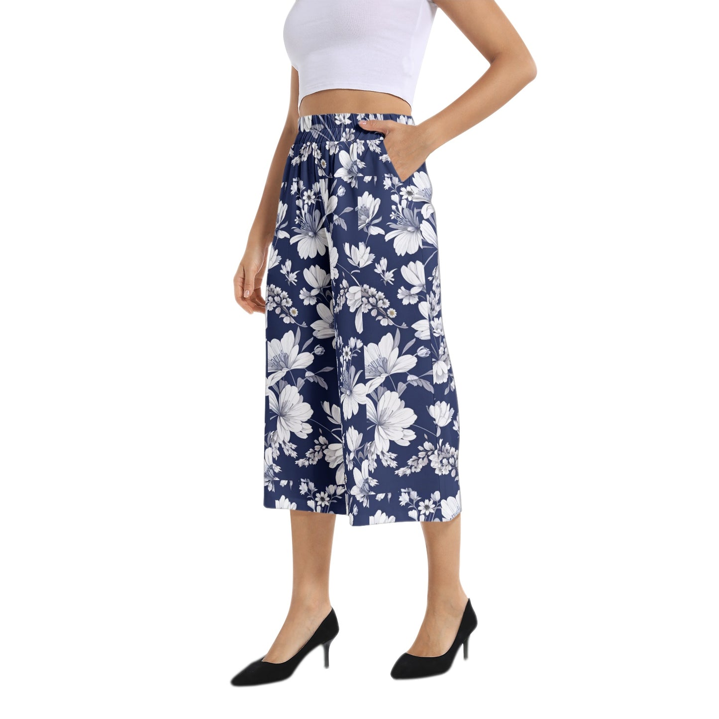 Elastic Waist Capris Wide Leg Pant