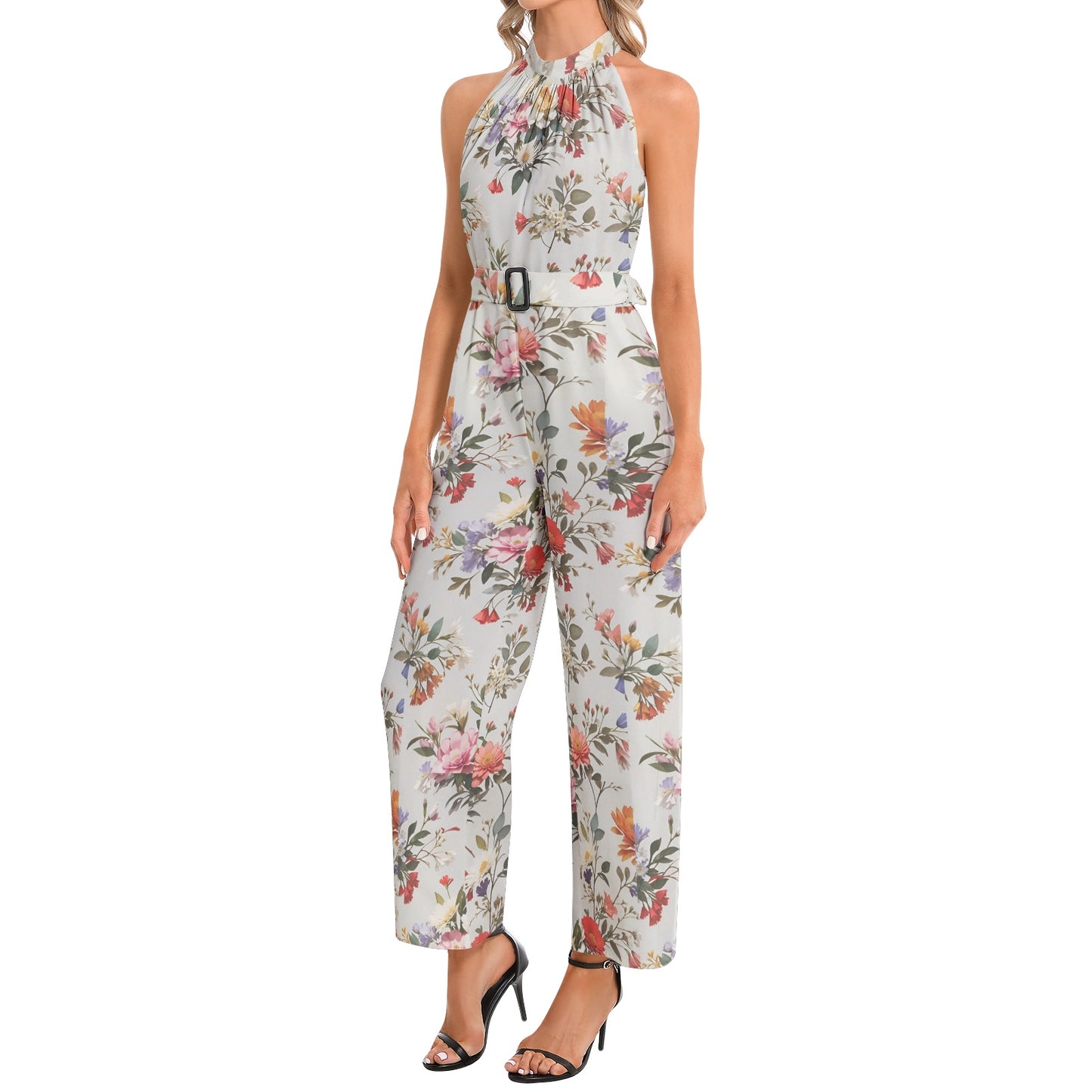 Halter Neck Buckle Belted Jumpsuit