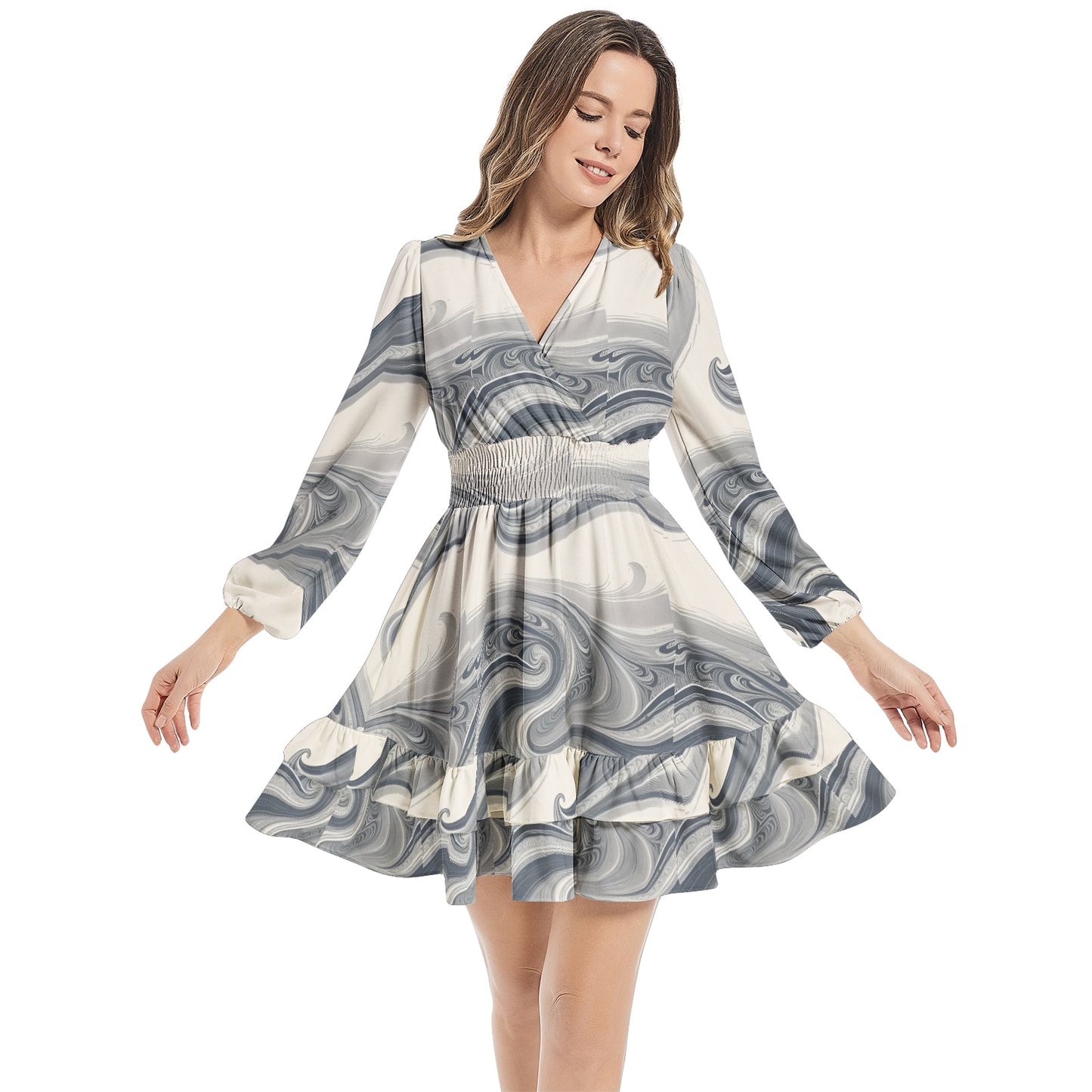 Long Sleeve Tiered Ruffle Hem Elastic Waist Mini Dress