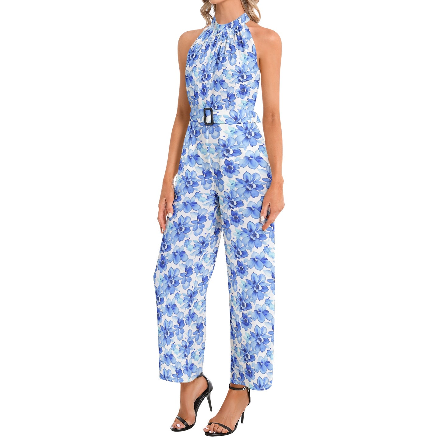 Halter Neck Buckle Belted Jumpsuit