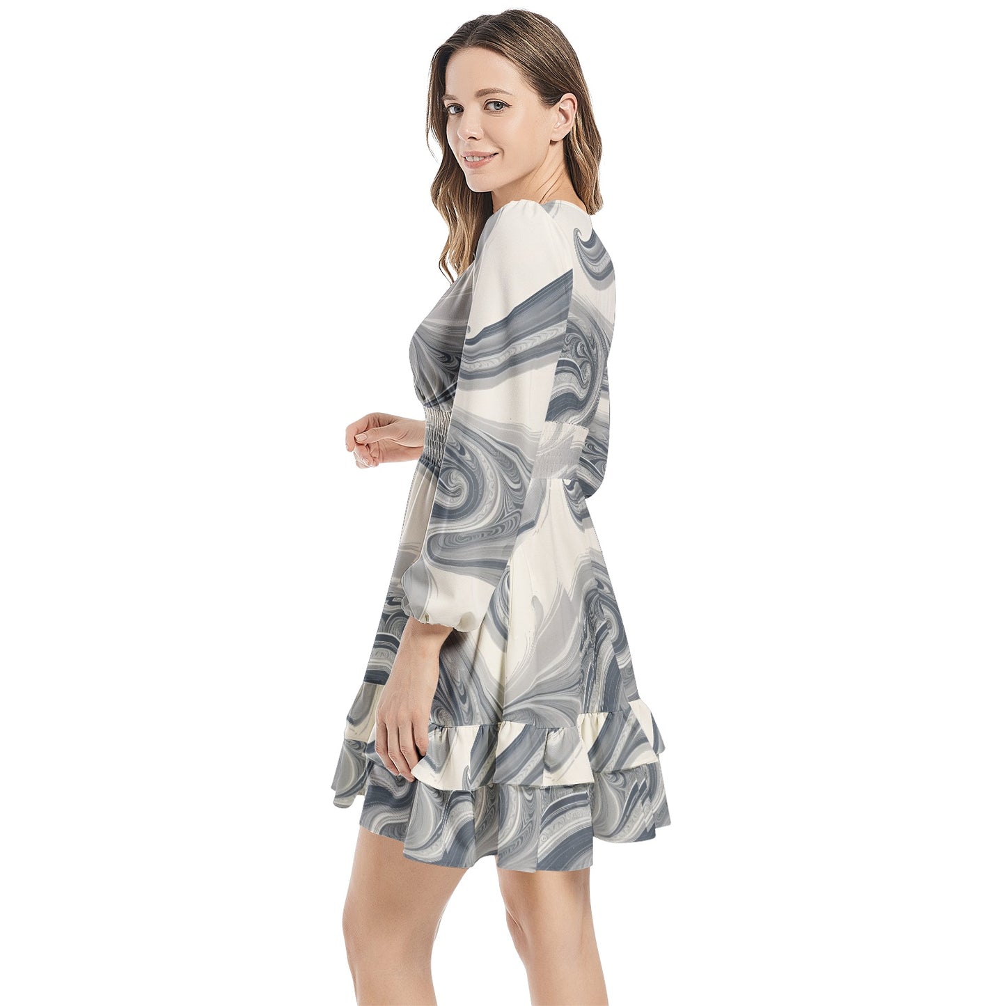 Long Sleeve Tiered Ruffle Hem Elastic Waist Mini Dress